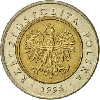 Awers aktualnie obowiązującej w Rzeczpospolitej Polskiej, monety 5-złotowej obiegowej